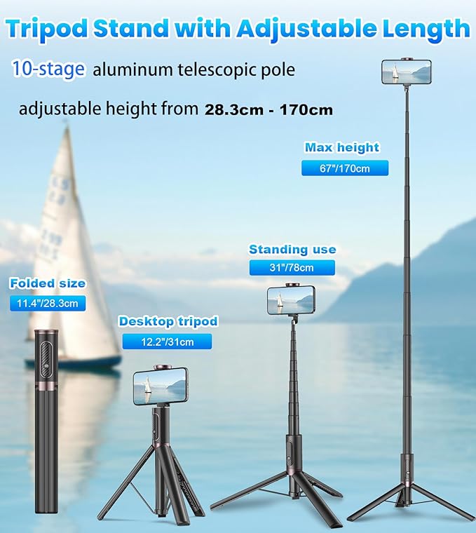 170cm Phone Tripod Selfie Stick, All-in-1 Phone Tripod Stand with Remote, Portable,Lightweight Tripod for for Selfies/Live/Video Recording/Travel-Black